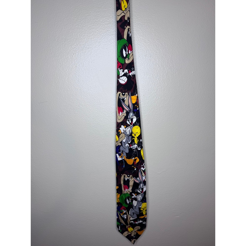 Vintage 1997 Looney Tunes Silk Tie Warner Bros Bugs Bunny Daffy Duck Black Retro